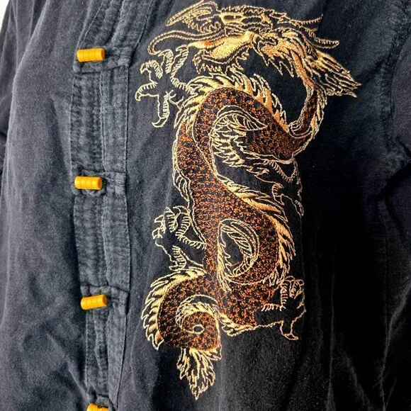 Vintage Arda Black Traditional Chinese Dragon Embroidered Toggle Front Shirt XL - Picture 3 of 6